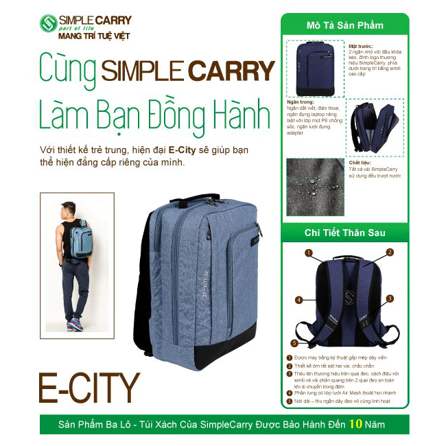 Balo laptop nam, nữ Simplecarry E-City chính hãng, bền bỉ - thời trang - tiện dụng