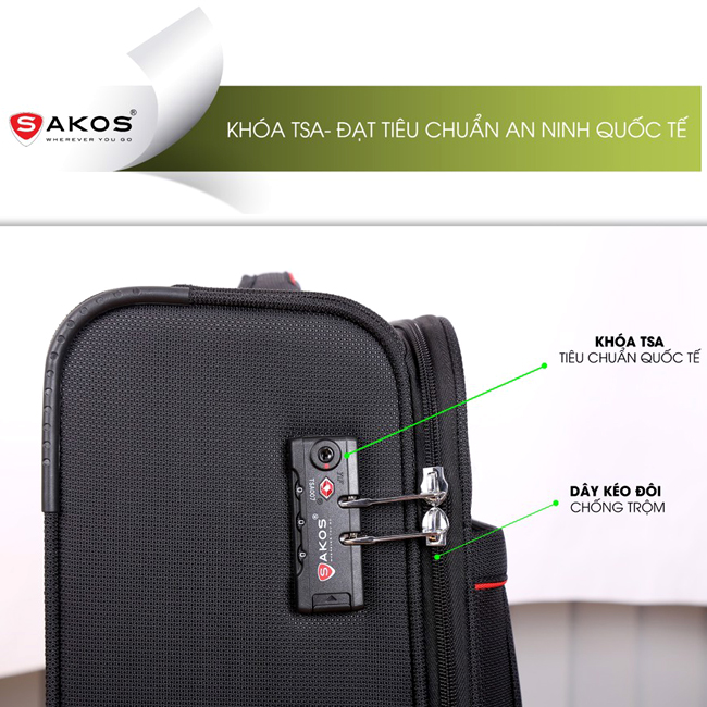 Khóa kéo Double Teeth Zipper kết hợp khóa số TSA cao cấp của vali Sakos Starline